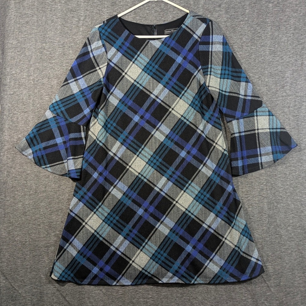 Jessica Howard Flannel 3/4 Bell Sleeve Shift Babydoll Dress‎ Blue Plaid Size M